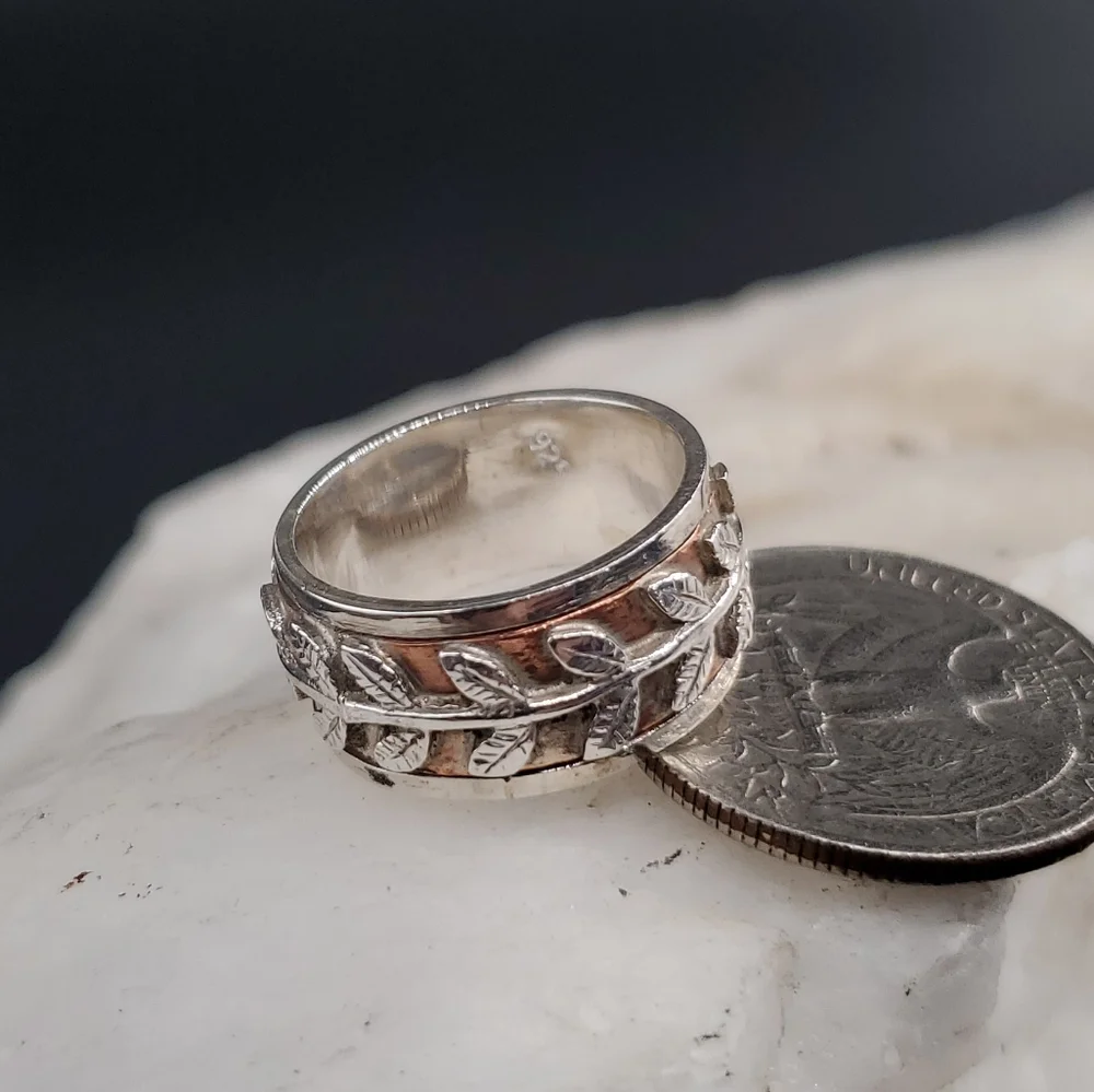Sterling Silver 925/14k Rose Gold Ring Designer Silversmith Boho Leaf Branch